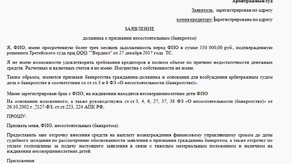 Заявление о возбуждении процедуры банкротства юридического лица